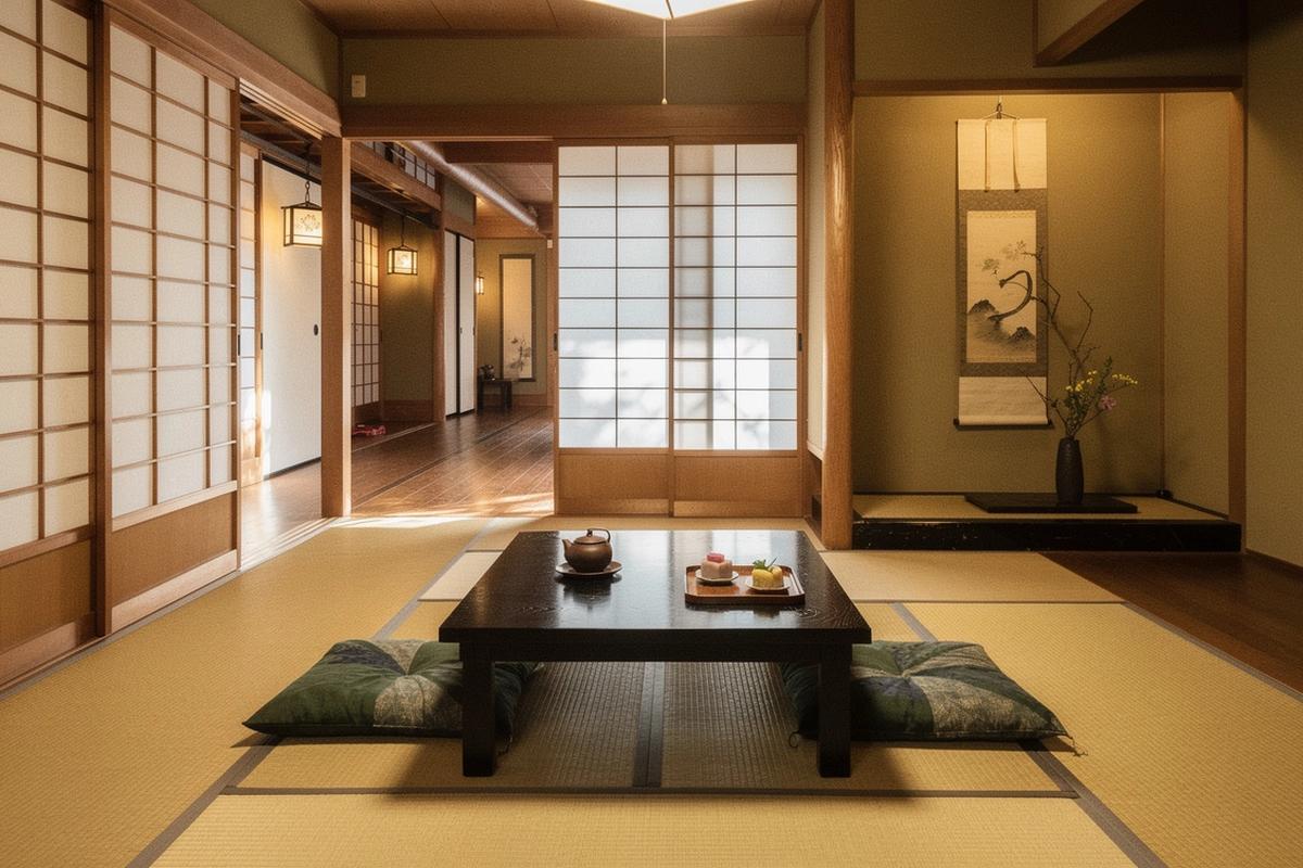 Traditional Japanese inn interior prepared for guests